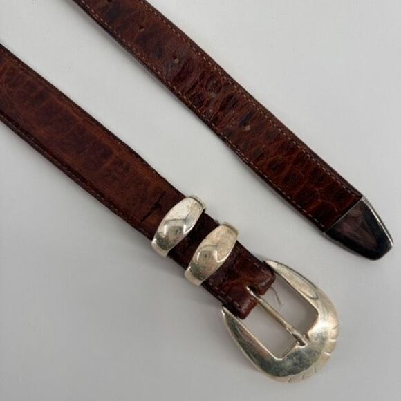 Vintage MCM Women's Crocodile Embossed Leather Silver Buckle Waist Belt Brown - Picture 13 of 16